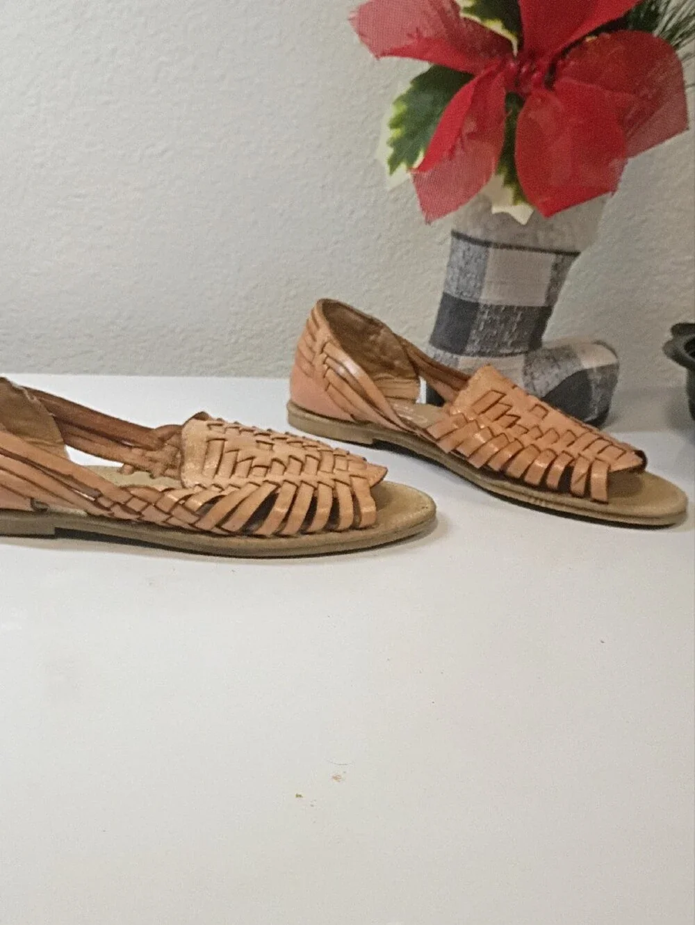Woven Leather Open-Toe Sandals in Light Brown